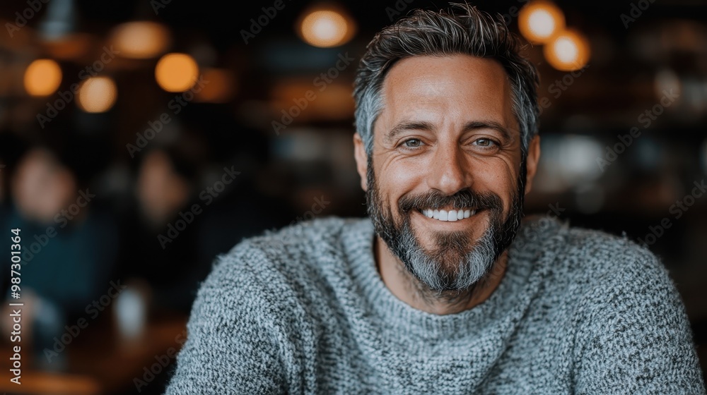 A middle-aged man with salt and pepper hair and a beard, wearing a cozy sweater, smiles warmly inside a softly lit cafe, creating a welcoming atmosphere. A middle-aged man with salt and pepper hair and a beard, wearing a cozy sweater, smiles warmly inside a softly lit cafe, creating a welcoming atmosphere.