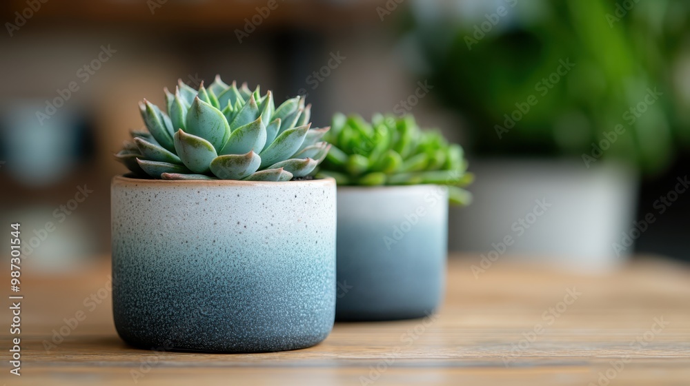 Two succulent plants are placed in gradient color ceramic pots on a wooden table, highlighting their symmetrical arrangement and the pot’s modern design. Simple and stylish. Two succulent plants are placed in gradient color ceramic pots on a wooden table, highlighting their symmetrical arrangement and the pot’s modern design. Simple and stylish.