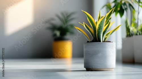 Various small potted plants, including a vibrant snake plant with yellow-edged leaves, are grouped together on a surface, infusing an indoor space with greenery and life.