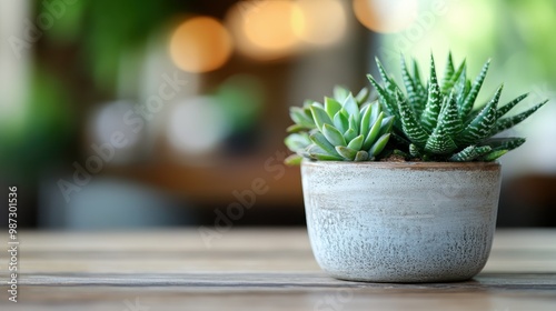 A rustic ceramic pot brimming with mixed succulent plants of various types and shades, sitting on a wooden surface. The greenery adds a refreshing touch to the scene.