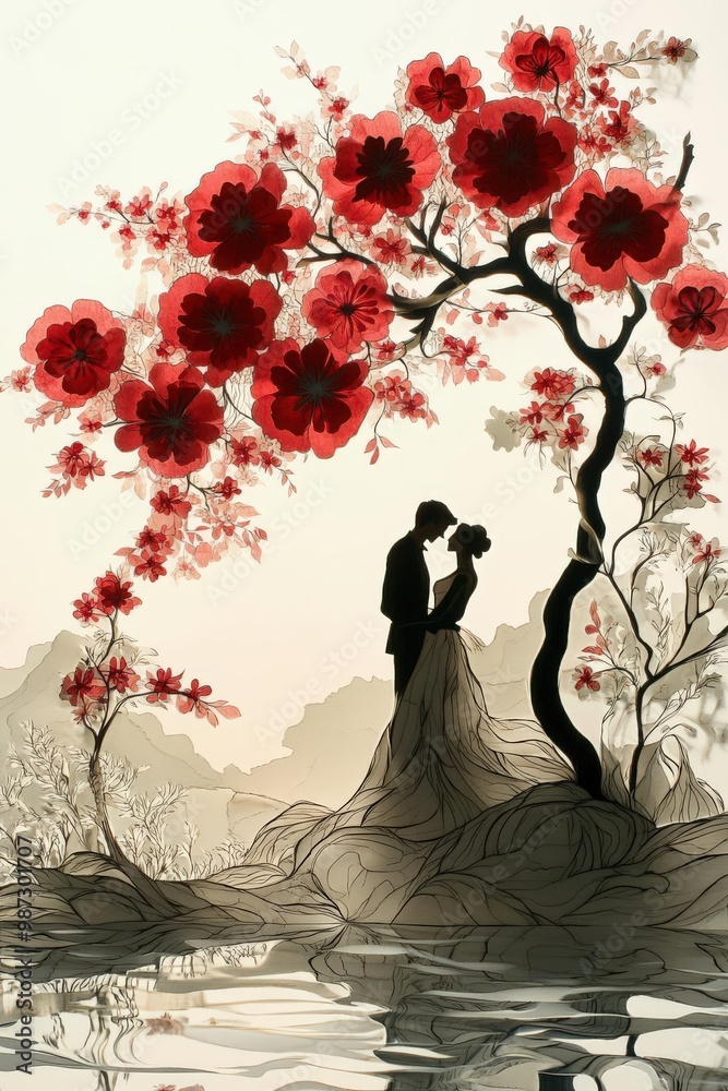 Blooming from the Same Flower, The couple emerges as two separate blossoms from the same gigantic flower, symbolizing their unity despite being individuals Blooming from the Same Flower, The couple emerges as two separate blossoms from the same gigantic flower, symbolizing their unity despite being individuals
