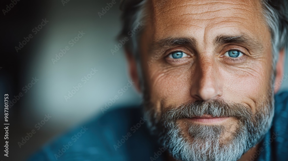 A detailed close-up image of a middle-aged man's face, highlighting his smiling blue eyes and intricately styled beard, exuding wisdom and serenity. A detailed close-up image of a middle-aged man's face, highlighting his smiling blue eyes and intricately styled beard, exuding wisdom and serenity.