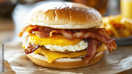 A fast food breakfast sandwich with eggs, cheese, and bacon, showcasing a convenient but unhealthy start to the day photo