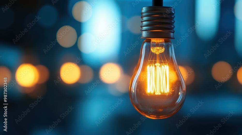 A dimly lit filament bulb emits a soft light in the foreground. The background is a blur of various bokeh lights, offering a visually pleasing, artistic composition. A dimly lit filament bulb emits a soft light in the foreground. The background is a blur of various bokeh lights, offering a visually pleasing, artistic composition.