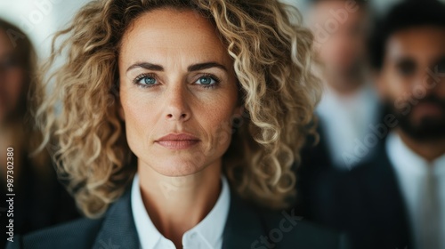 A confident businesswoman with curly hair stands prominently in focus, representing leadership and determination. The background is blurred with colleagues. photo