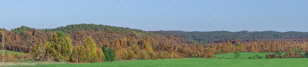 A picturesque view of a hilly valley overgrown with forests in autumn colors. A picturesque view of a hilly valley overgrown with forests in autumn colors.