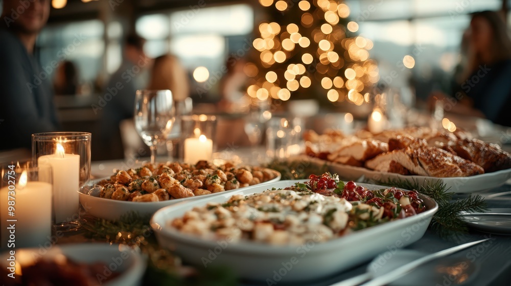 An elegant dining setup featuring an illuminated holiday feast with various dishes, charming decorations, and glowing candles, creating a festive and inviting atmosphere. An elegant dining setup featuring an illuminated holiday feast with various dishes, charming decorations, and glowing candles, creating a festive and inviting atmosphere.