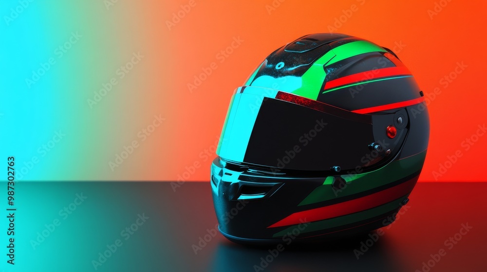 A helmet with a bright green and red racing stripe going all the way around. A helmet with a bright green and red racing stripe going all the way around.