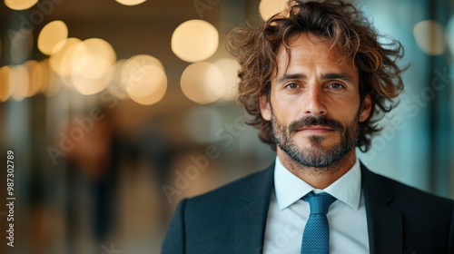 A smiling young man in business attire with curly hair stands out in a dynamic background, offering a sense of warmth and friendliness elegantly mixed with confidence. photo