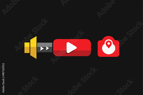 Icon set featuring play buttons, video camera symbol, and progress bar on a black background.