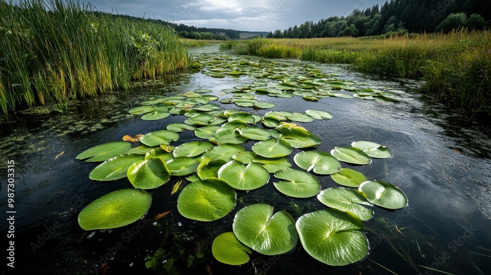 Bright green lily pads float serenely on a calm pond surrounded by tall reeds and lush greenery on a mild, overcast day, suggesting peace and natural simplicity. Bright green lily pads float serenely on a calm pond surrounded by tall reeds and lush greenery on a mild, overcast day, suggesting peace and natural simplicity.