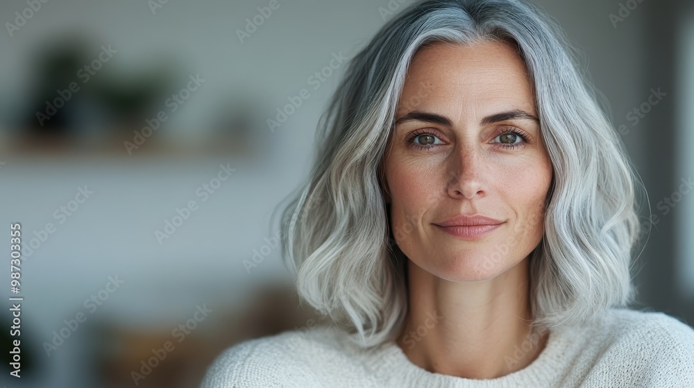 A gentle woman with gray hair exudes warmth and tranquility in a relaxed setting, her serene expression reflecting inner peace and contentment. A gentle woman with gray hair exudes warmth and tranquility in a relaxed setting, her serene expression reflecting inner peace and contentment.