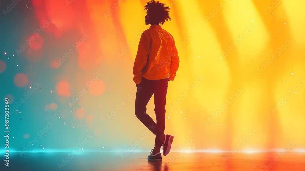 Silhouette of a man standing against a glowing background of warm orange and cool blue lights, creating a dreamy and atmospheric mood with soft bokeh effects Silhouette of a man standing against a glowing background of warm orange and cool blue lights, creating a dreamy and atmospheric mood with soft bokeh effects