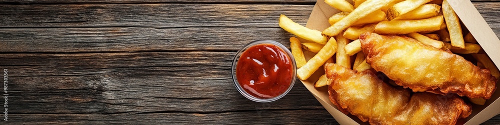 traditional British fish and chips closeup, top view with copy space traditional British fish and chips closeup, top view with copy space