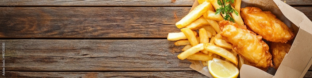 traditional British fish and chips closeup, top view with copy space traditional British fish and chips closeup, top view with copy space