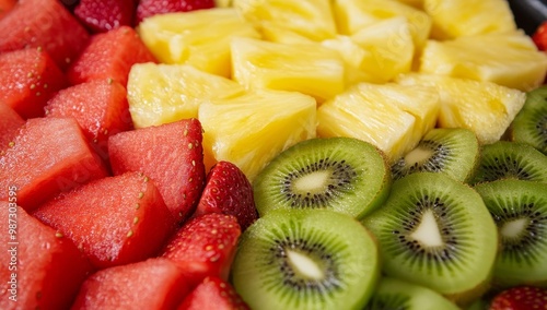 Fresh fruit salad with pineapple, watermelon, kiwi, and strawberries.