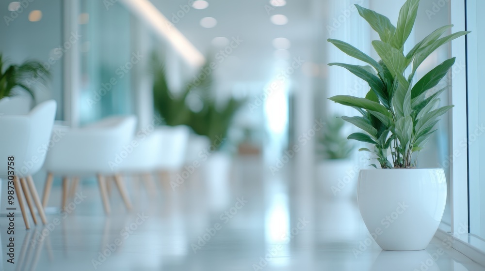 A contemporary office space featuring white chairs and lush green plants. It is well-lit with natural light, offering a clean and fresh environment, ideal for productive work. A contemporary office space featuring white chairs and lush green plants. It is well-lit with natural light, offering a clean and fresh environment, ideal for productive work.
