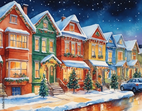 Сartoon watercolour drawing of a snow covered colorful house, beautiful Christmas scene