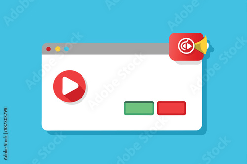 Illustration of a web browser window with a play button icon, notification alert, and two colored buttons on a blue background.