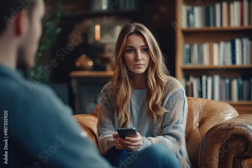 Modern Therapy: Female Psychologist Assisting Client with Mental Health App for Tech-Integrated Counseling Session