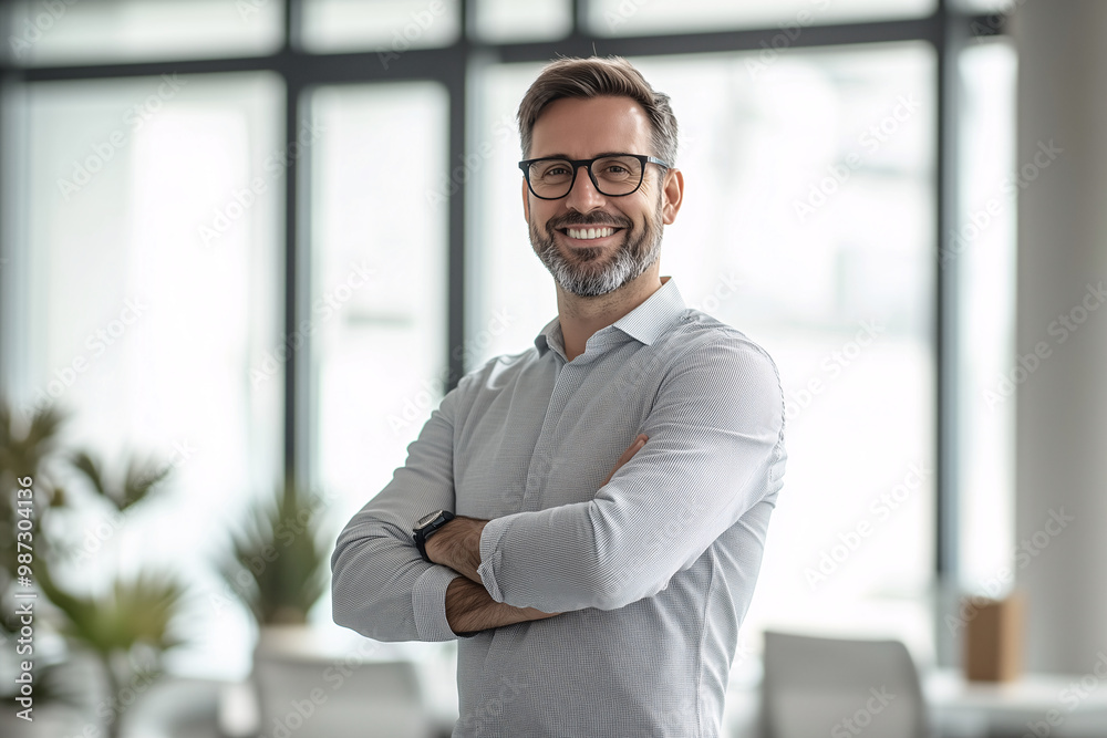 Smiling businessman with glasses standing in a bright office Smiling businessman with glasses standing in a bright office