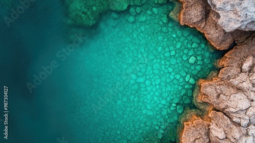 An exquisite aerial view showcases the vibrant turquoise waters contrasting dramatically with the rugged, rocky shoreline. Highlighting nature's serene yet powerful essence.