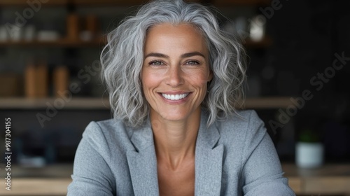 An elegant woman with gray hair and a sharp smile poses confidently in a sleek gray suit, symbolizing timeless allure and professional poise.