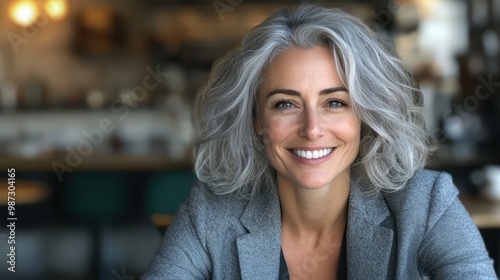 An elegant woman with gray hair smiles broadly, exuding confidence and warmth while sitting in an office setting, showcasing professional grace and success.