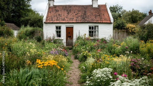 An enchanting white cottage with a rustic red-tiled roof surrounded by a vibrant garden of wildflowers, depicting the simple and serene beauty of rural living and nature.