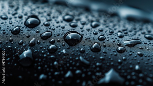 A close-up photograph showcasing water droplets resting on a black cylindrical object, highlighting each droplet's unique shape and surface tension against a smooth backdrop. photo