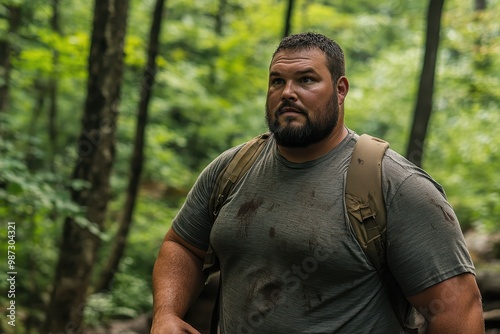 Serene Plus-Size Man Finding Solace in Nature: Peaceful Forest Stroll for Stress Relief