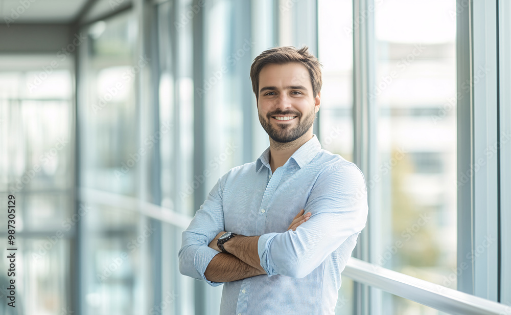 Young businessman standing with arms crossed in a bright office Young businessman standing with arms crossed in a bright office