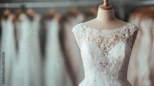 An elegant lace wedding dress is showcased on a mannequin in a studio setting. The intricate lacework and fine details highlight the sophistication and beauty of bridal fashion. photo