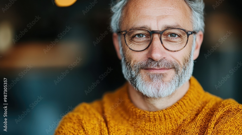 An elderly man with a light gray beard and glasses, dressed in a mustard sweater, gives a warm smile to the camera, sitting in a softly lit casual environment. An elderly man with a light gray beard and glasses, dressed in a mustard sweater, gives a warm smile to the camera, sitting in a softly lit casual environment.