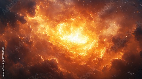 A fiery nebula with a bright, glowing center, surrounded by swirling gas and dust, with a background of distant stars.