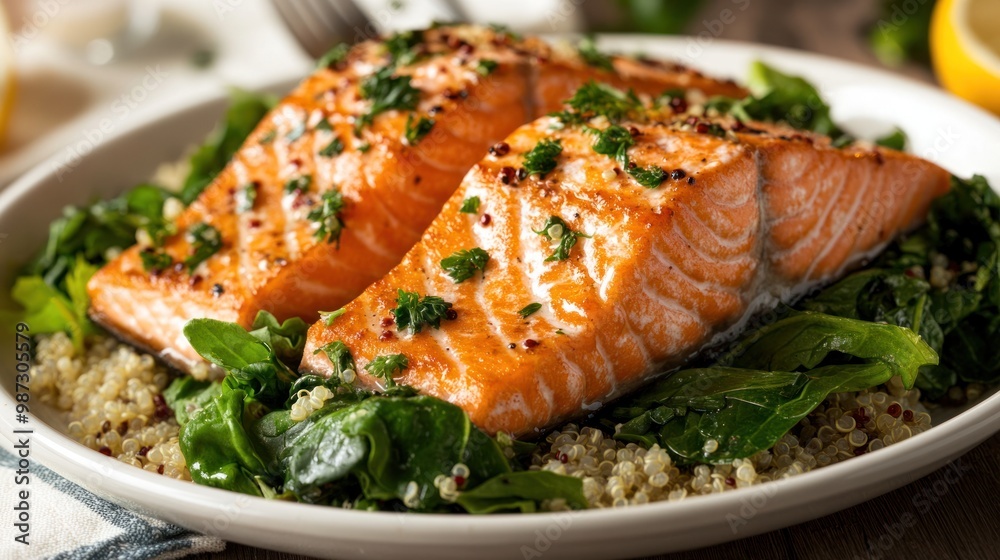 A heart-healthy meal made up of salmon, quinoa, and leafy greens, rich in omega-3 fatty acids and fiber