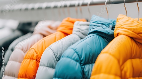 An assortment of colorful puffer jackets hanging on a metal rack. The jackets come in a variety of bright colors including blue, orange, and gray, showcasing winter fashion.