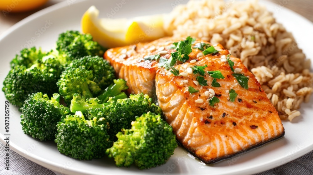 A heart-healthy meal of grilled salmon, steamed broccoli, and brown rice, promoting cardiovascular wellness A heart-healthy meal of grilled salmon, steamed broccoli, and brown rice, promoting cardiovascular wellness