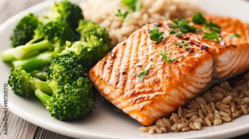 A heart-healthy meal of grilled salmon, steamed broccoli, and brown rice, promoting cardiovascular wellness photo