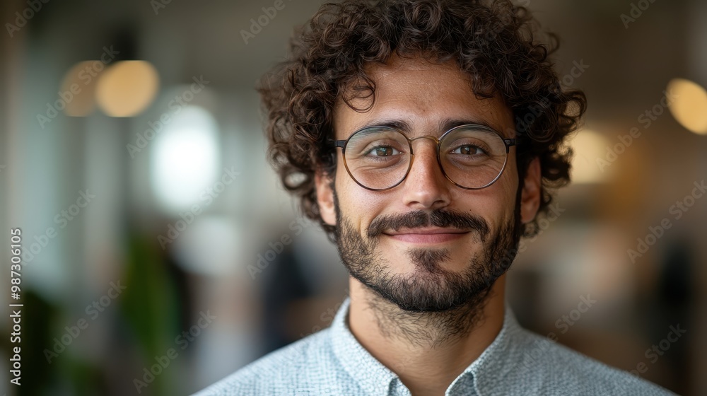 Curly-haired young man with glasses wears a gentle smile, reminiscent of warmth and friendliness, in a bright and airy setting full of natural light. Curly-haired young man with glasses wears a gentle smile, reminiscent of warmth and friendliness, in a bright and airy setting full of natural light.