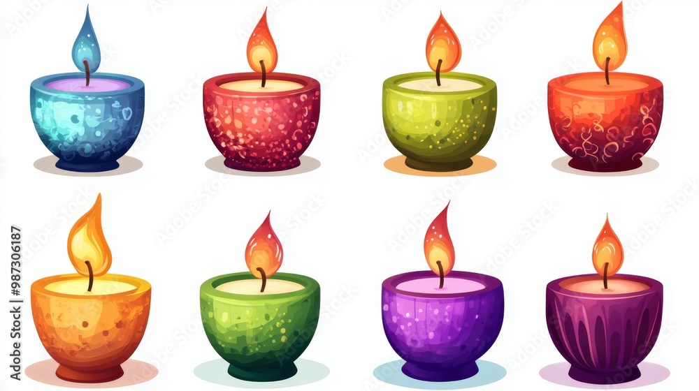 A set of colorful candles in holders. The candles are made of scented wax and have a cute, tapered shape. The illustration shows them burning and has a white background. A set of colorful candles in holders. The candles are made of scented wax and have a cute, tapered shape. The illustration shows them burning and has a white background.