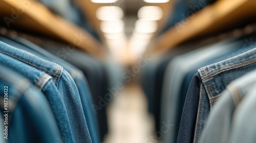 A focused shot capturing a row of hanging blue jeans in a well-lit fashion retail store, representing modern style, quality clothing options, and organized presentation. photo