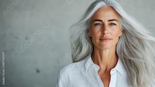 A sophisticated gray-haired woman poses gracefully, her features radiating calmness and confidence against a soft, understated backdrop, exuding timeless beauty. photo