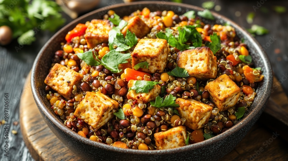 A high-protein, plant-based dish filled with lentils, quinoa, and tofu, offering a satisfying and protein-rich option for non-meat eaters A high-protein, plant-based dish filled with lentils, quinoa, and tofu, offering a satisfying and protein-rich option for non-meat eaters