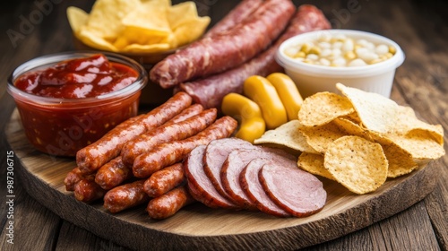 A high-sodium meal featuring processed meats, chips, and canned soups, warning of the excessive salt content photo