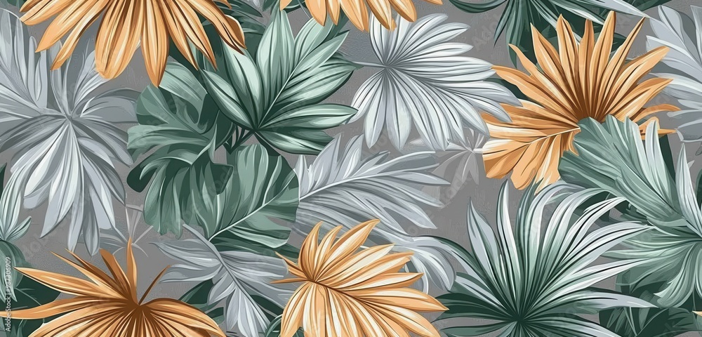 A pattern of leaves and flowers with a mix of green and yellow colors. The leaves are arranged in a way that they look like they are growing out of the ground A pattern of leaves and flowers with a mix of green and yellow colors. The leaves are arranged in a way that they look like they are growing out of the ground