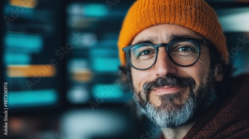 A cheerful man with glasses and an orange beanie smiles in a technological environment, conveying a sense of creativity and positivity during his work engagement.