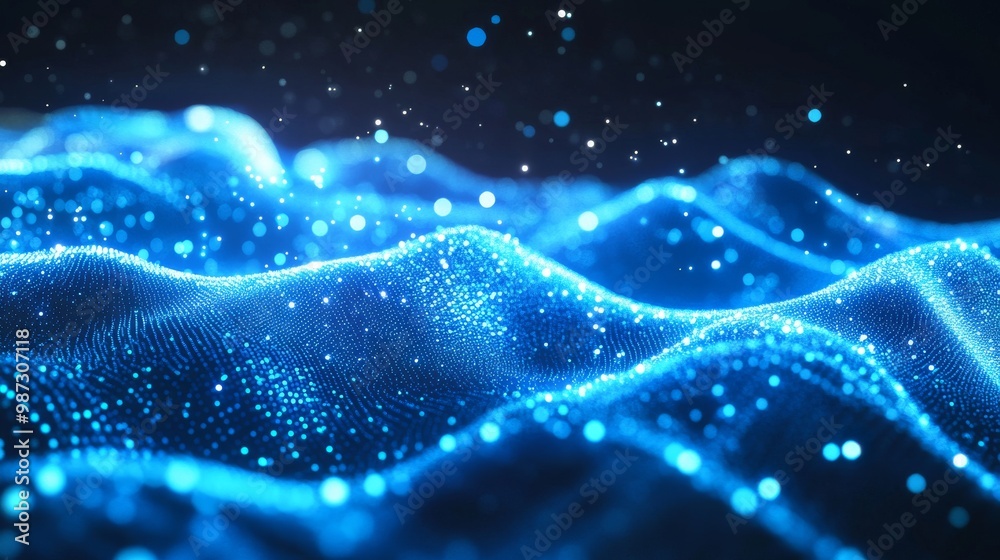 A vibrant, moving wave of light particles.  The wave glows with futuristic points of light. It's a flowing pattern of blue digital shapes, perfect for a background on data technology.