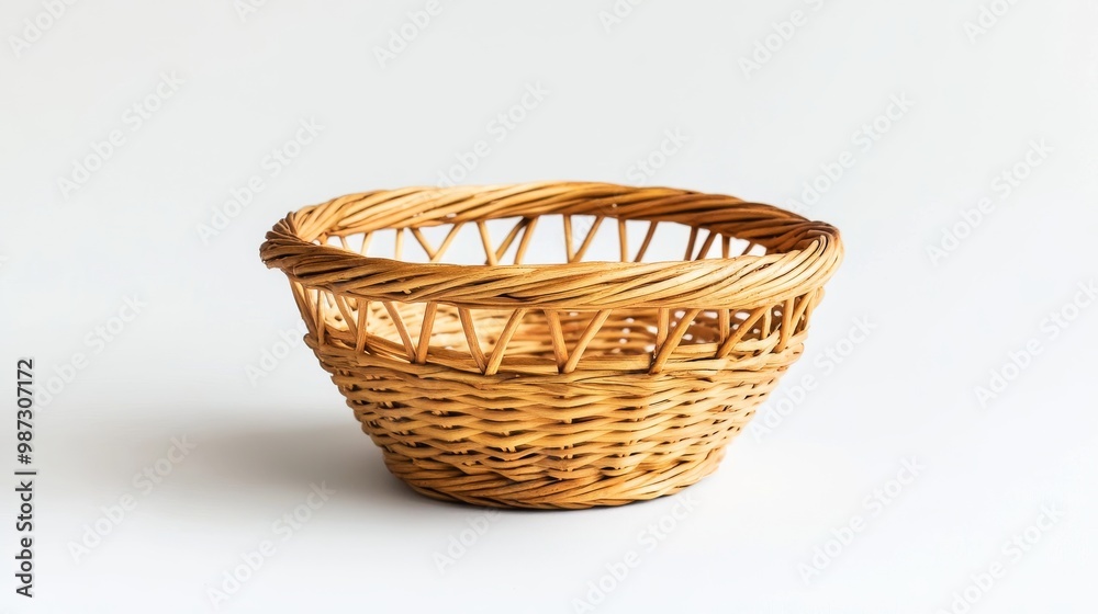 A woven wicker basket sits on a plain white background. A woven wicker basket sits on a plain white background.