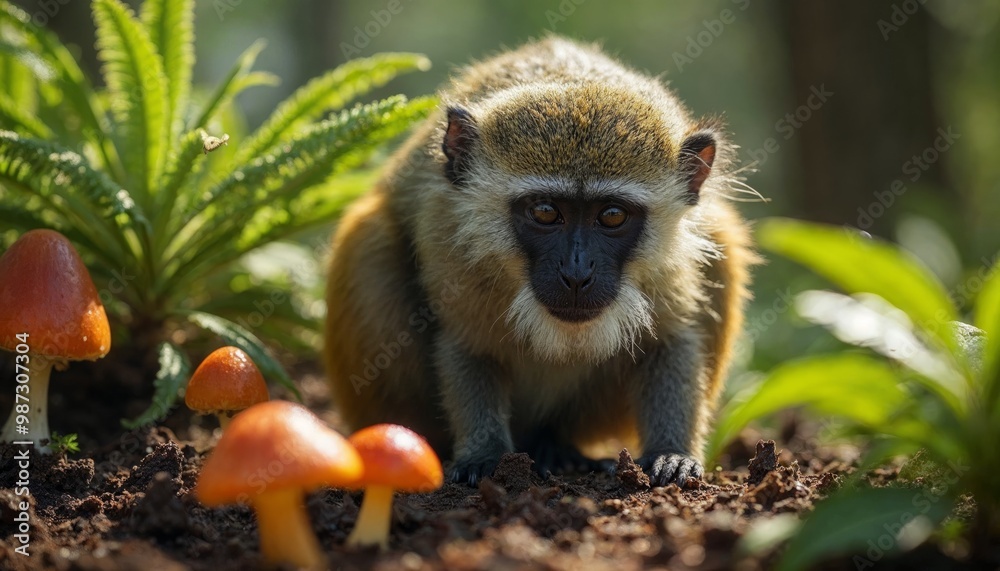 Fototapeta premium Curious monkey looking at mushrooms in the jungle